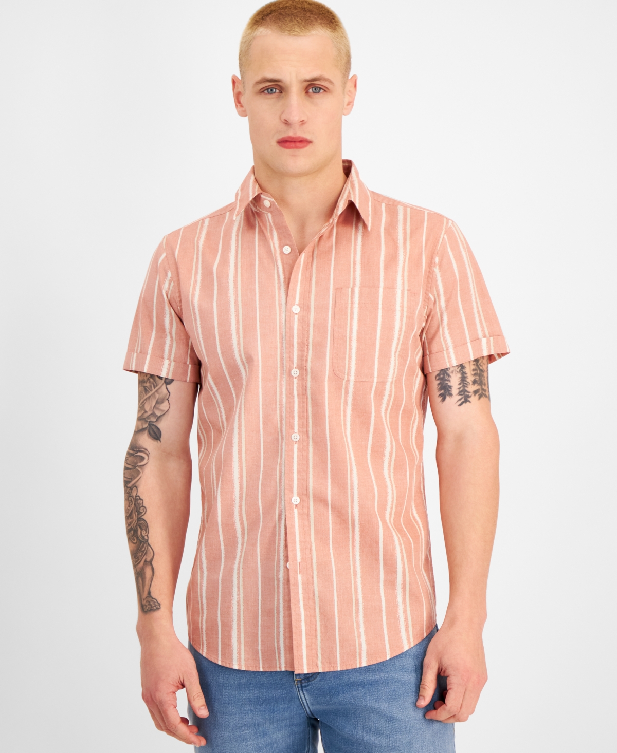 Men's Marcos Short Sleeve Button-Front Striped Shirt, Created for Macy's - Sea Coral