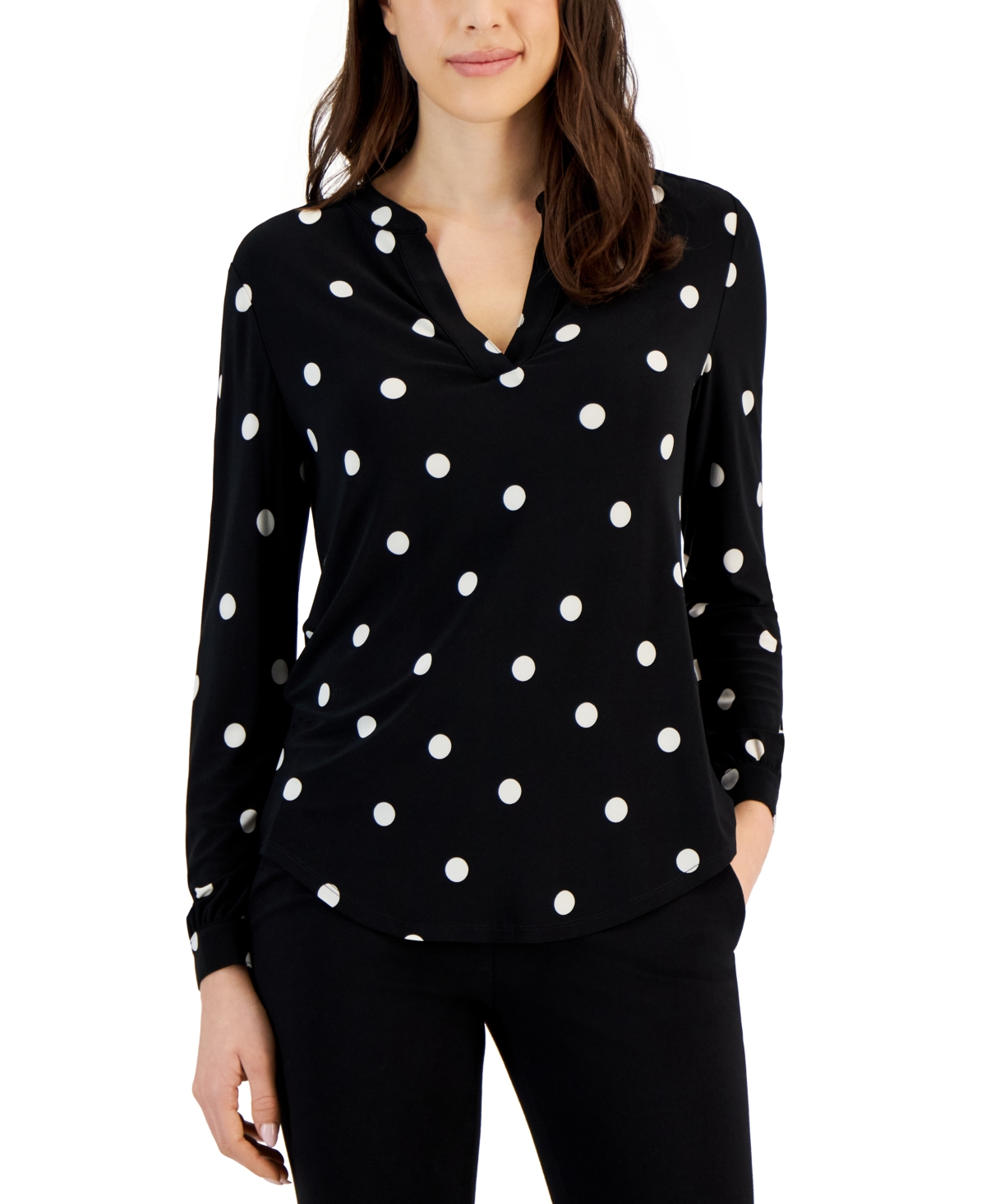 Anne Klein Women's Split-Neck Pearl-Dot Top -Anne White