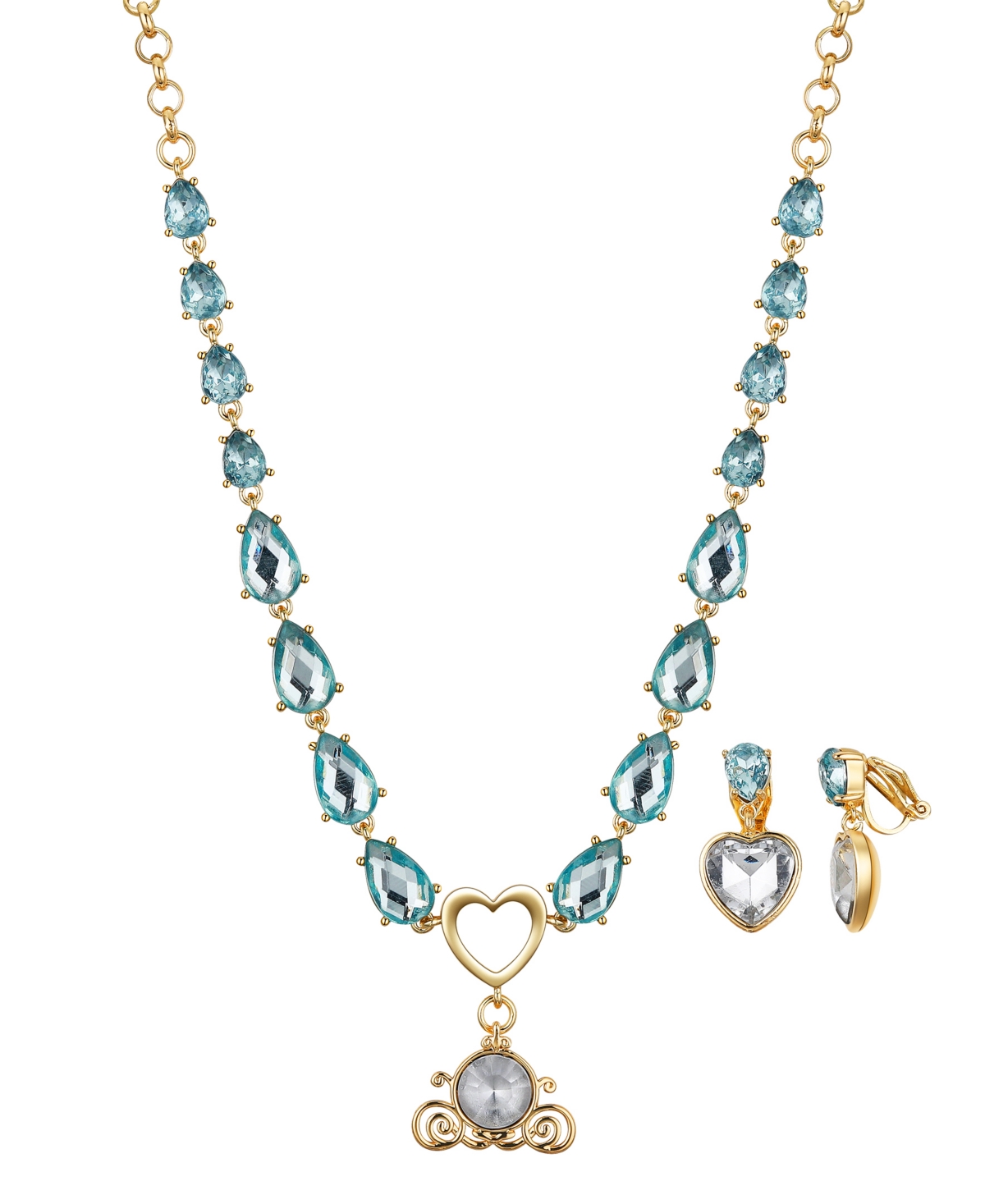 Disney Kid's Princess Cinderella Clear Carriage Necklace And Earring Set In Blue