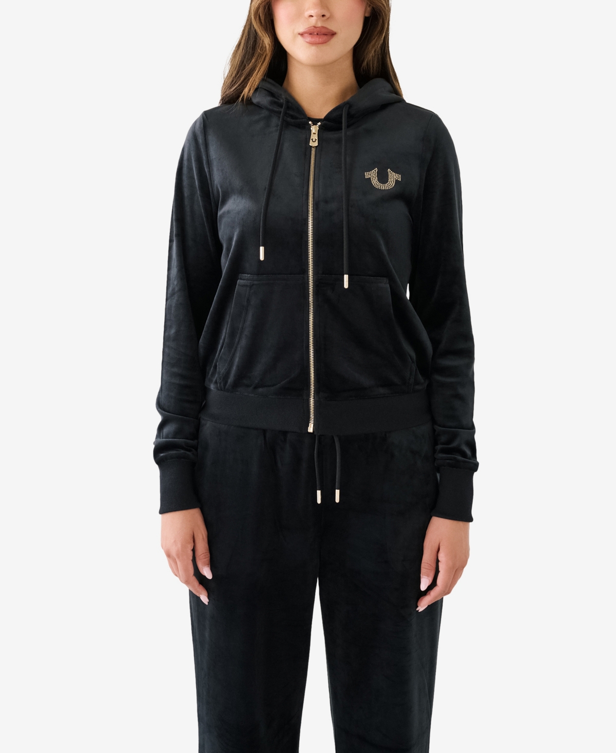 True Religion Women's Classic Velour Zip Hoodie Sweatshirt In Jet Black