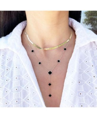 Onyx Clover Station Lariat Necklace 14K Yellow Gold