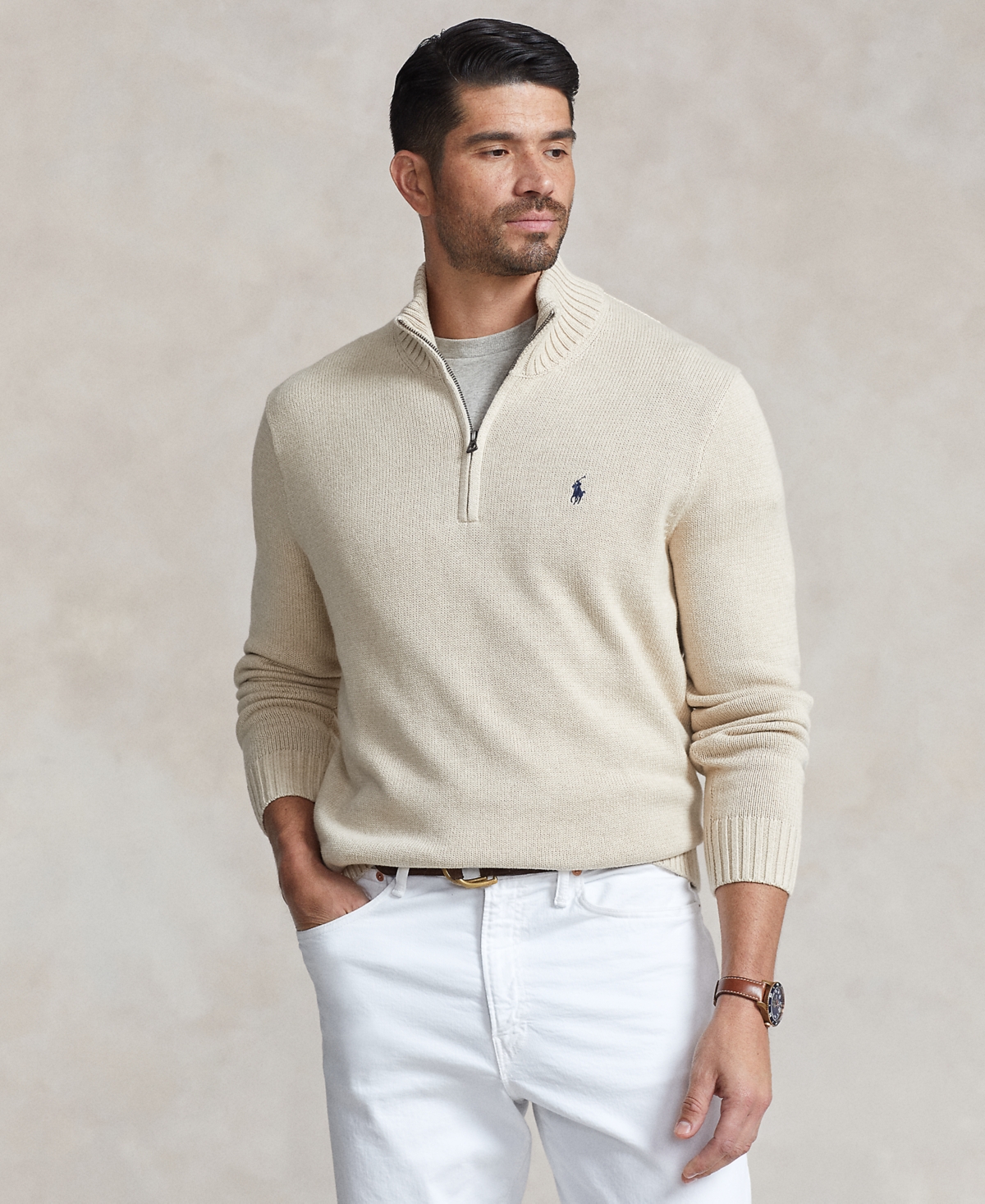 Polo Ralph Lauren Men's Big & Tall Cotton Quarter-zip Sweater In Sand Heather