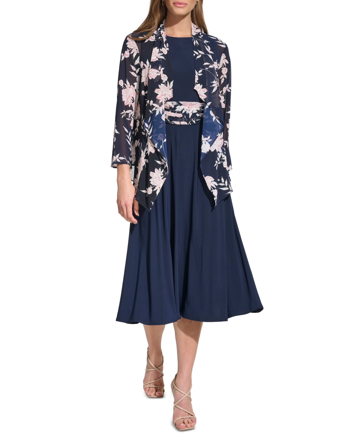 Jessica Howard Women's 2-pc. Floral-print Jacket & Dress Set In Navy Pansy