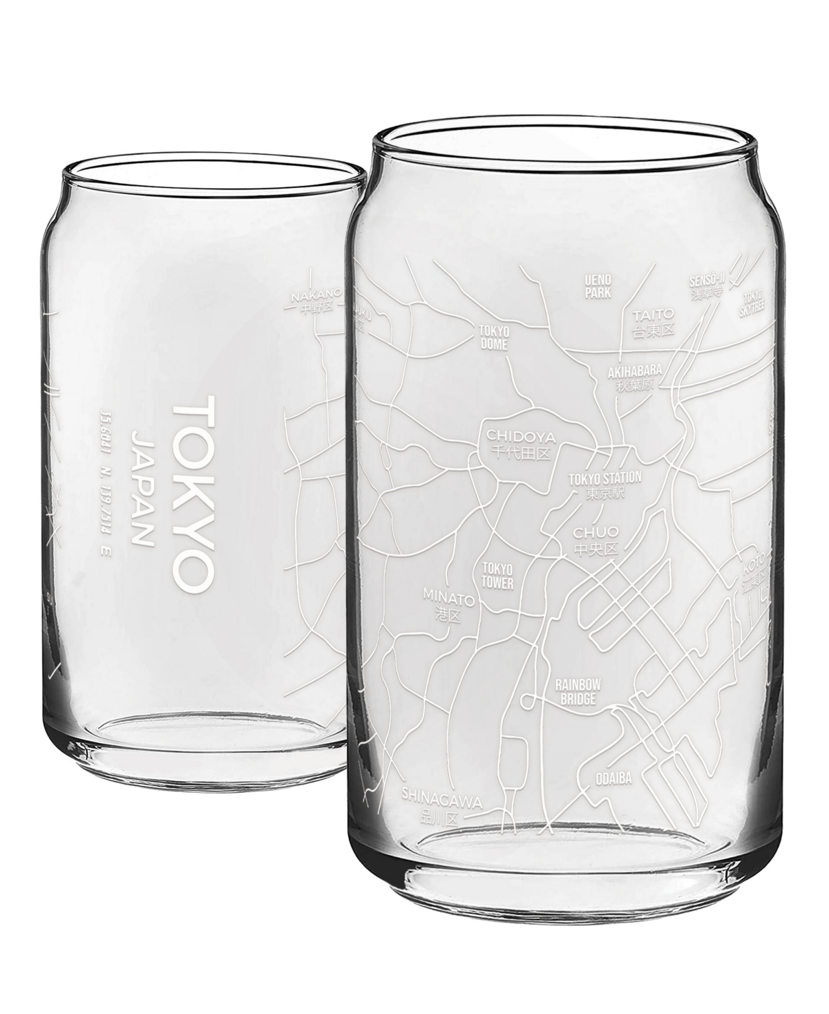 Narbo The Can Tokyo Map 16 oz Everyday Glassware, Set Of 2 In White