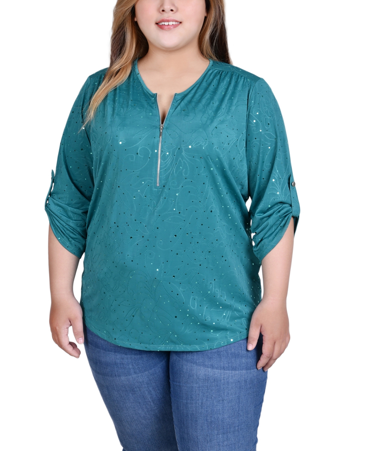 Ny Collection Plus Size 3/4 Roll Tab Zip Front Jacquard Knit Top With Disco Dots In Emerald