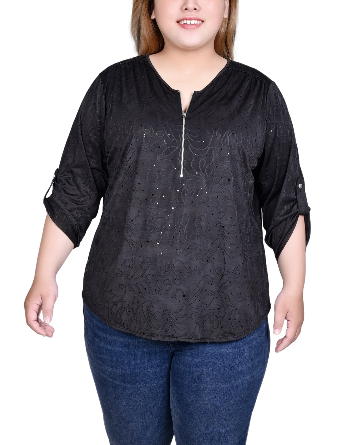 Ny Collection Plus Size 3/4 Roll Tab Zip Front Jacquard Knit Top With Disco Dots In Black