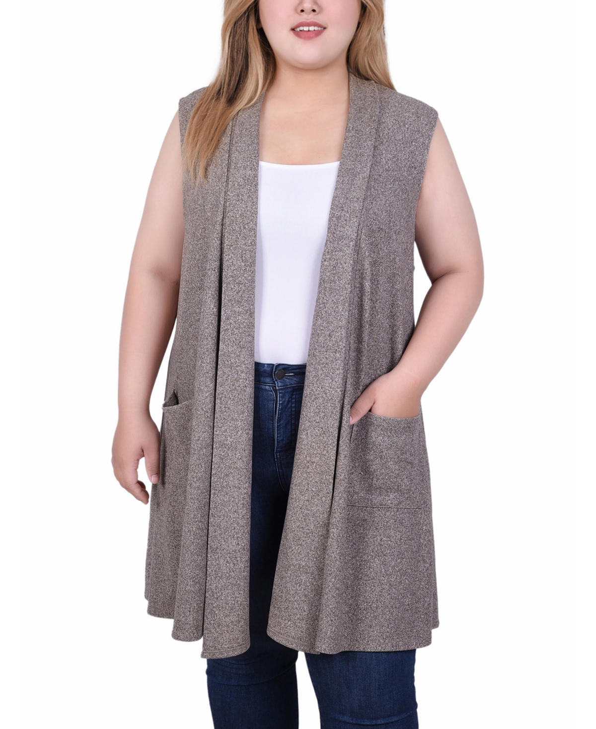 Ny Collection Plus Size Long Sleeveless Knit Vest In Caribou