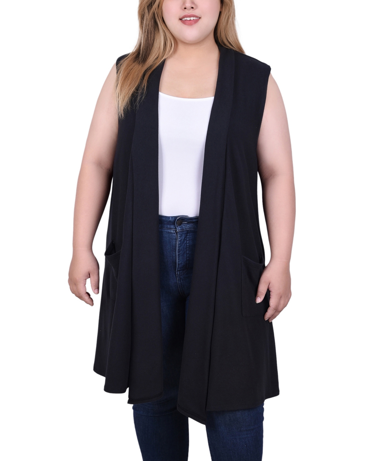 Ny Collection Plus Size Long Sleeveless Knit Vest In Black