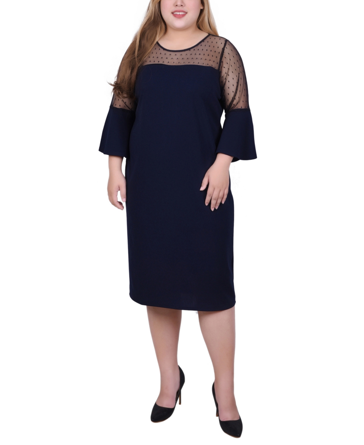 Ny Collection Plus Size Illusion Neck Scuba Dress In Navy
