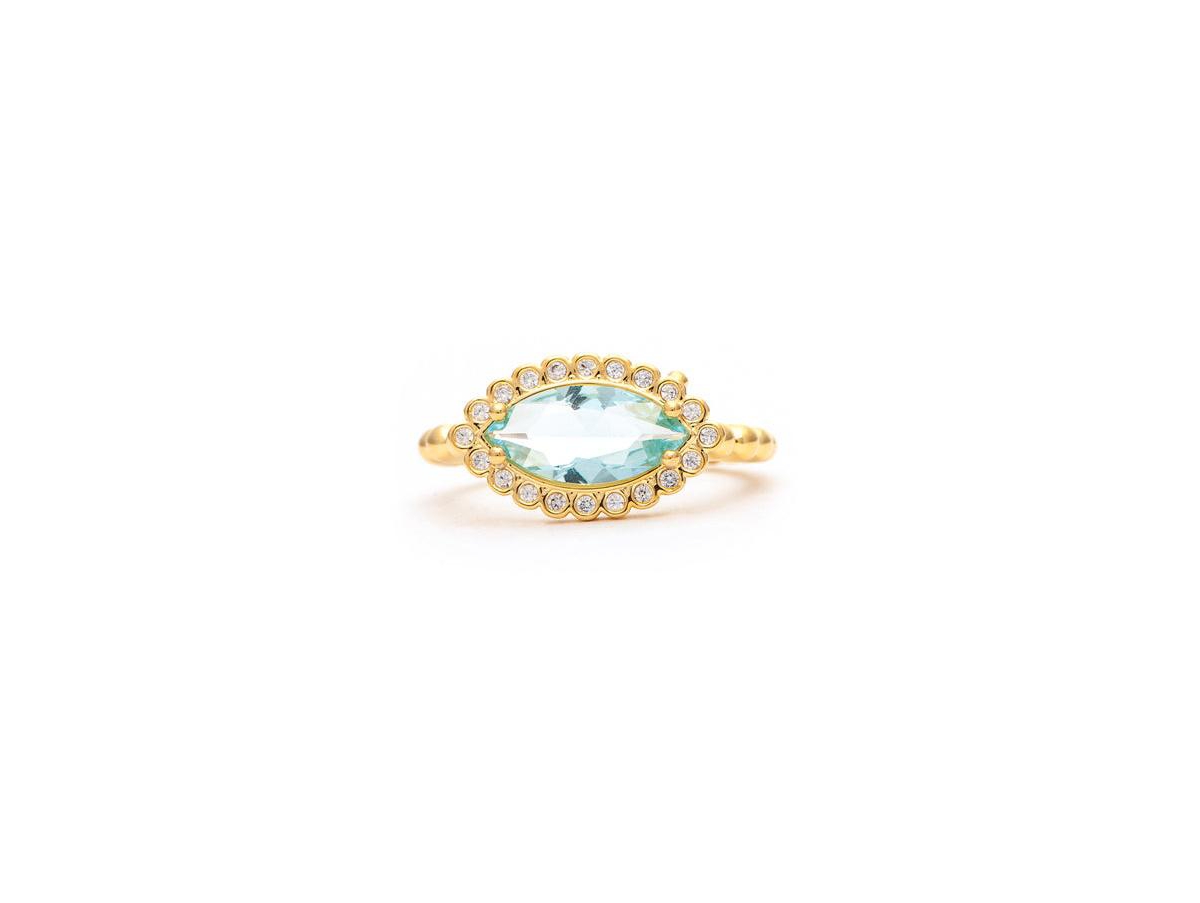 London Blue Crystal East West Ring - Gold with blue crystal and CZ