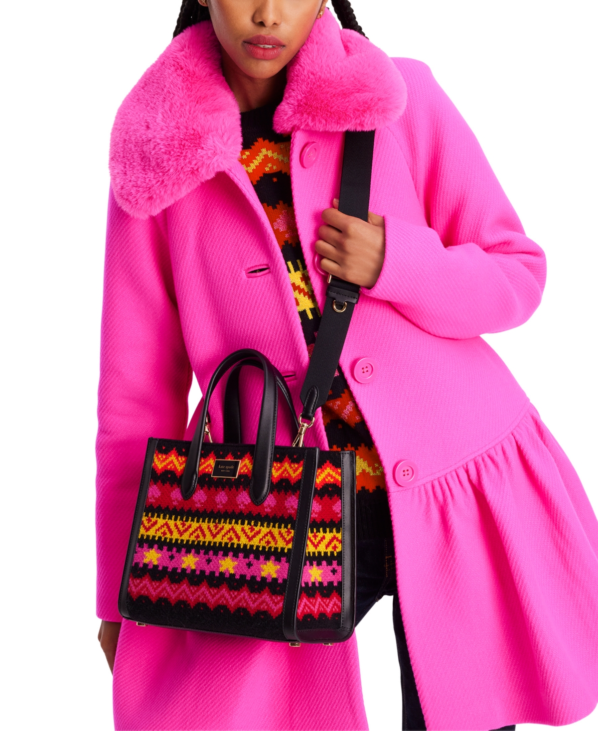 Shop Kate Spade Manhattan Carnival Fair Isle Sweater Knit Tote In Pink Multi