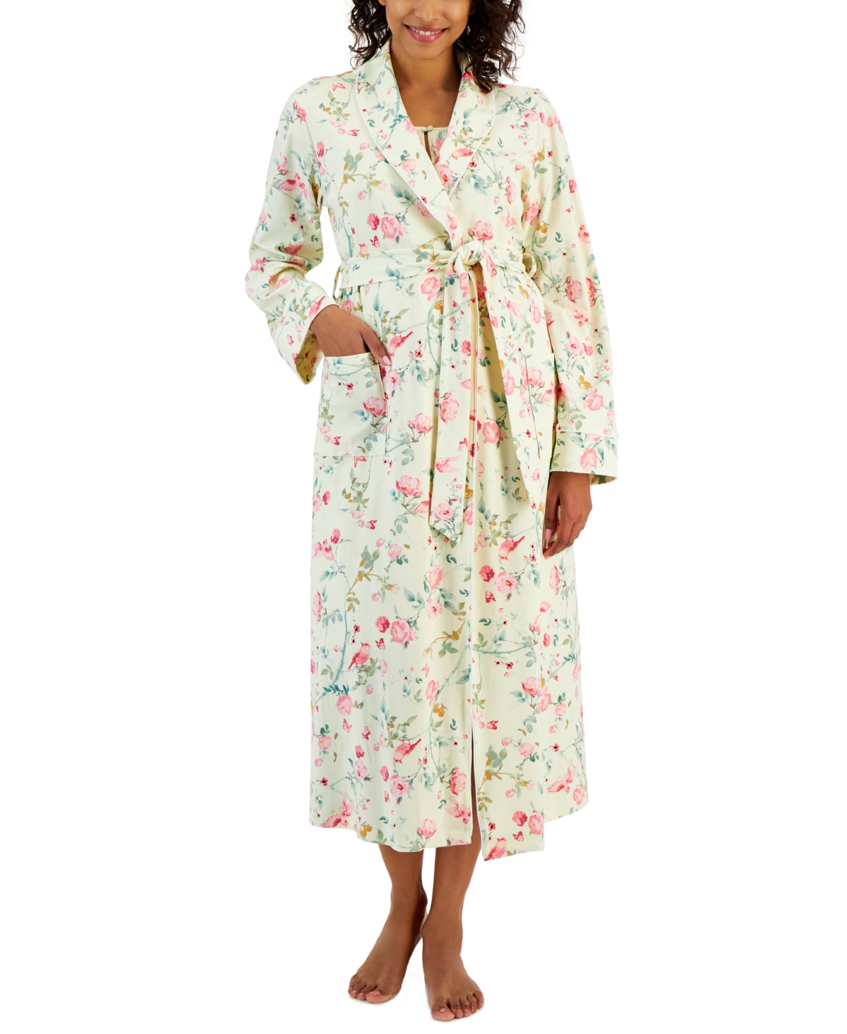 Women's Cotton Floral Belted Robe, Created for Macy's - Bird Bloom Yellow