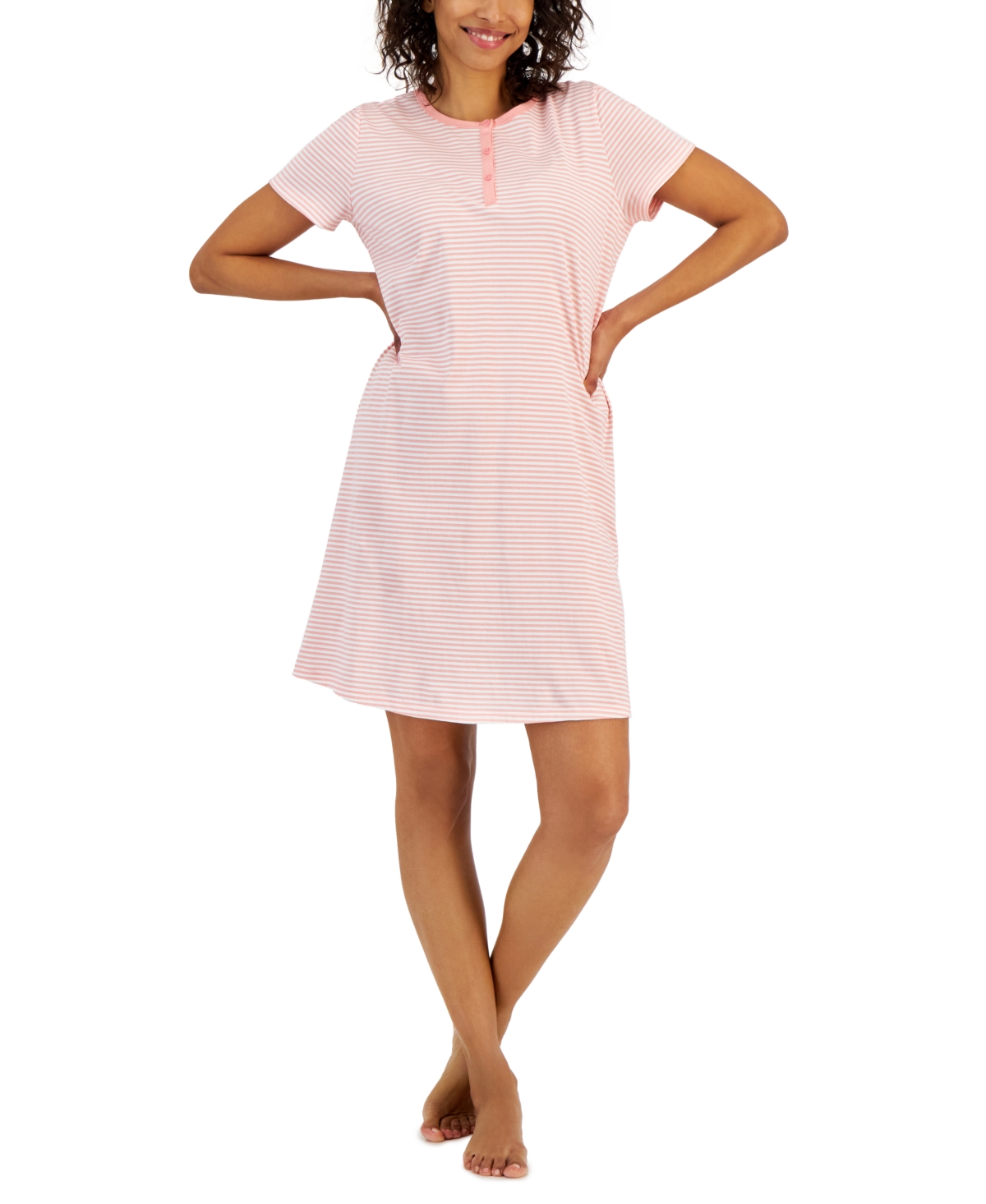 Charter Club Women's Cotton Printed Henley Sleepshirt, Created For Macy's In Coral Feeder Stripe