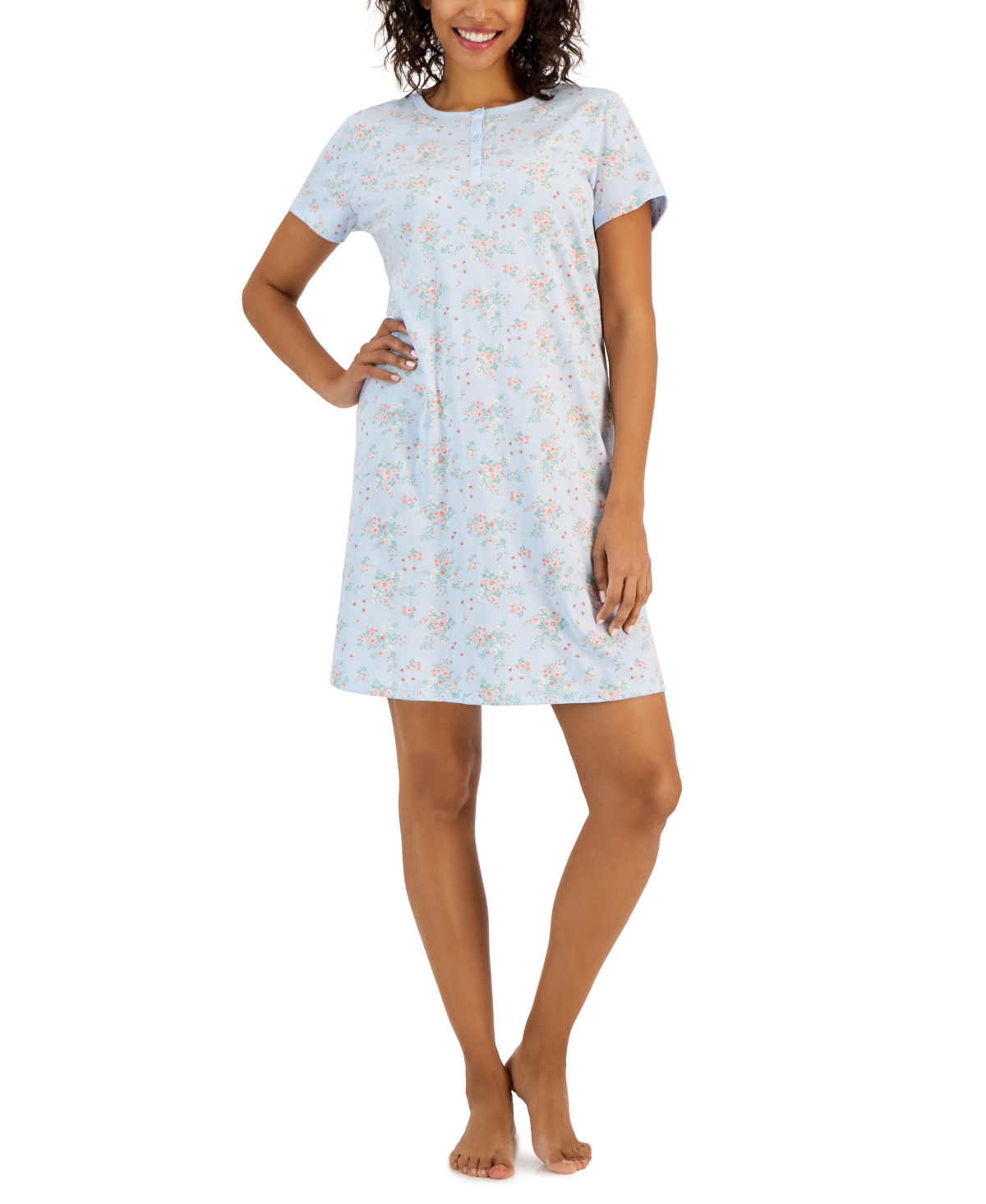 Charter Club Women's Cotton Printed Henley Sleepshirt, Created For Macy's In Scattered Bouquet