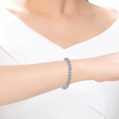 Sterling Silver with White Gold Plated Clear Round and Marquise Cubic Zirconia Cluster Flower-Inspired Tennis Bracelet