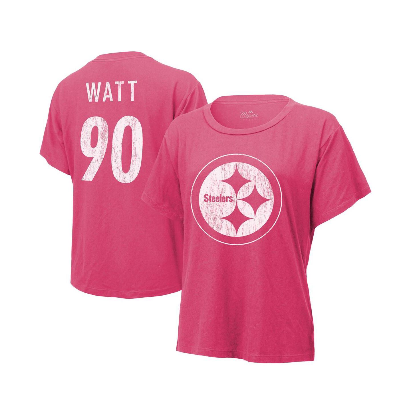 Женская футболка Majestic Threads T.J. Watt Pink Distressed Pittsburgh Steelers Name and Number — фото 1
