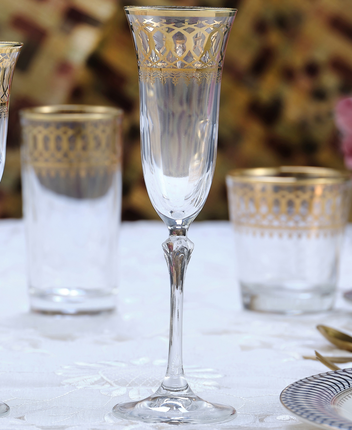 Lorren Home TrendsTone Embellished Champagne Flutes withTone Rings, Set of 4 - Gold