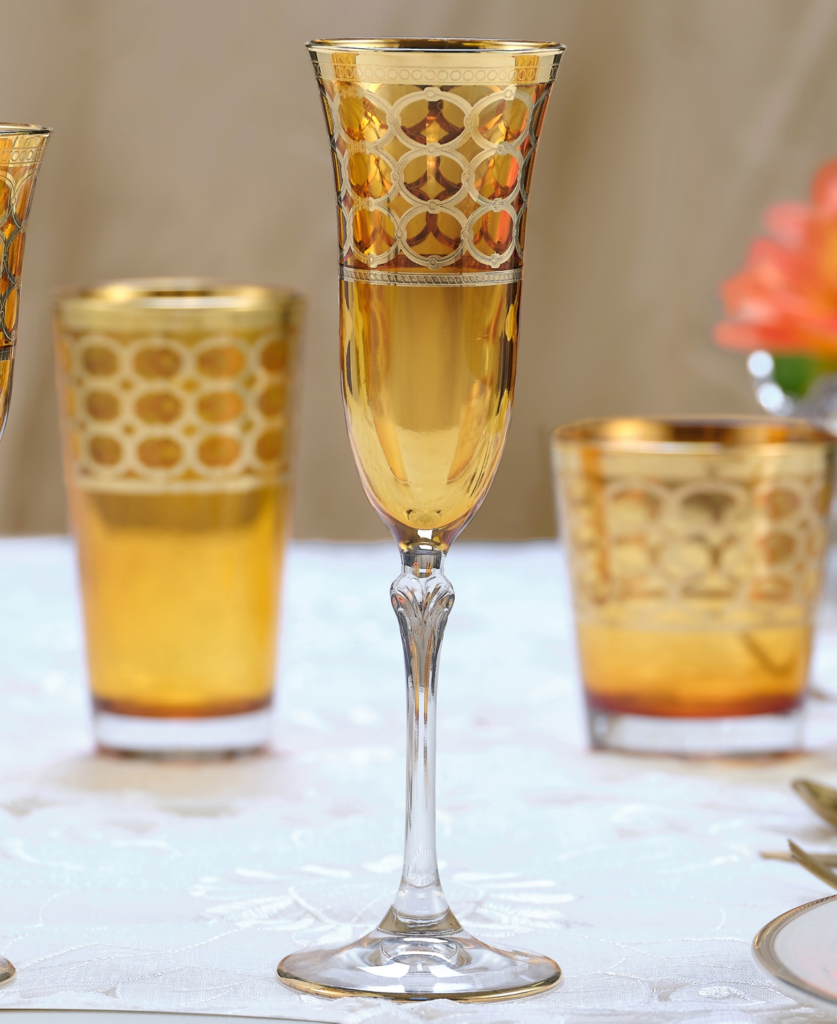 Lorren Home Trends Amber Color Champagne Flutes withTone Rings, Set of 4 - Gold