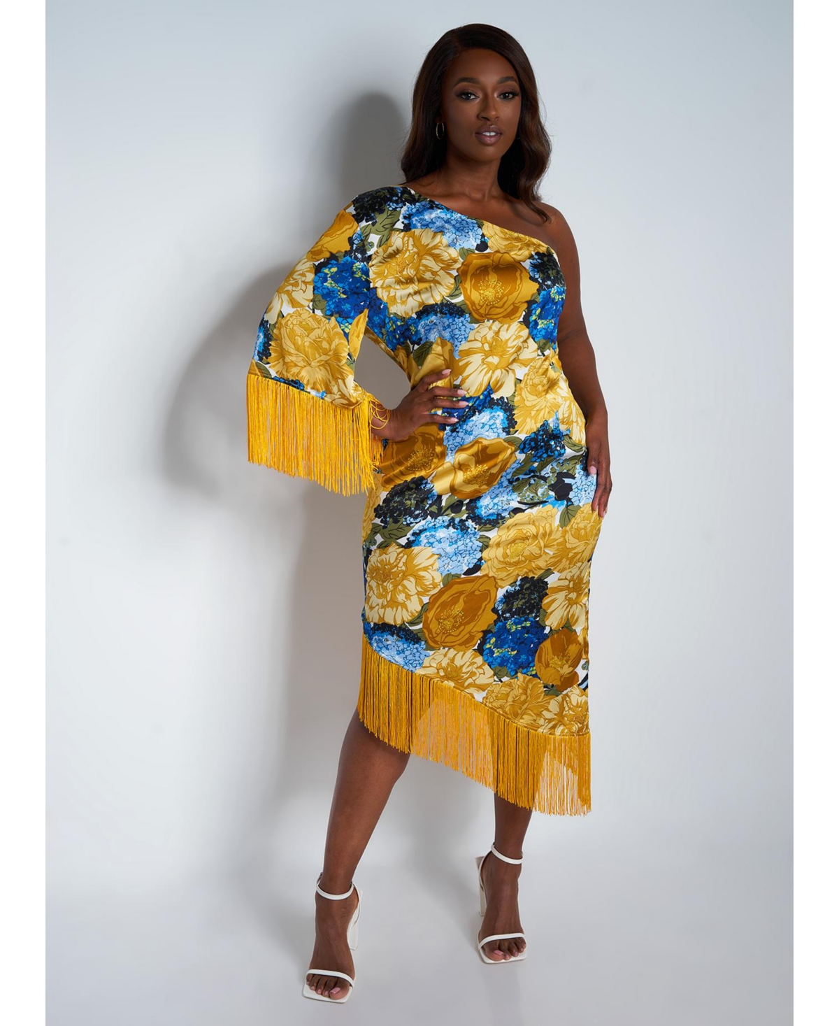 Women's Plus Size One Shoulder Midi Fringe Dress - Multicolor
