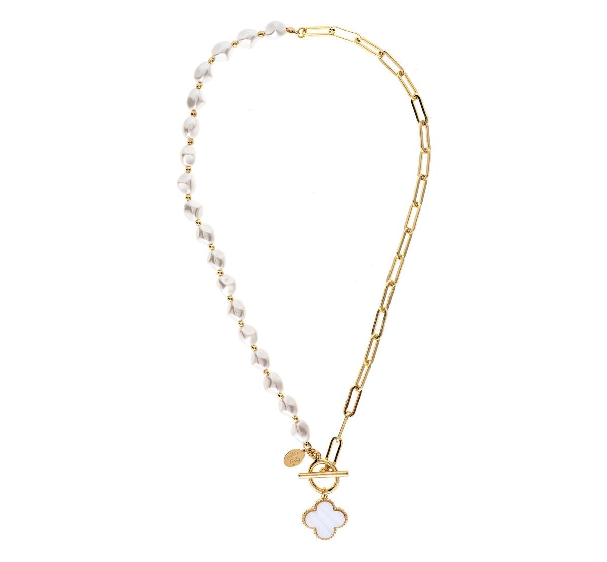 Half Pearl + Half Paperclip Chain Necklace with Clover Charm - Gold with white mother of pearl