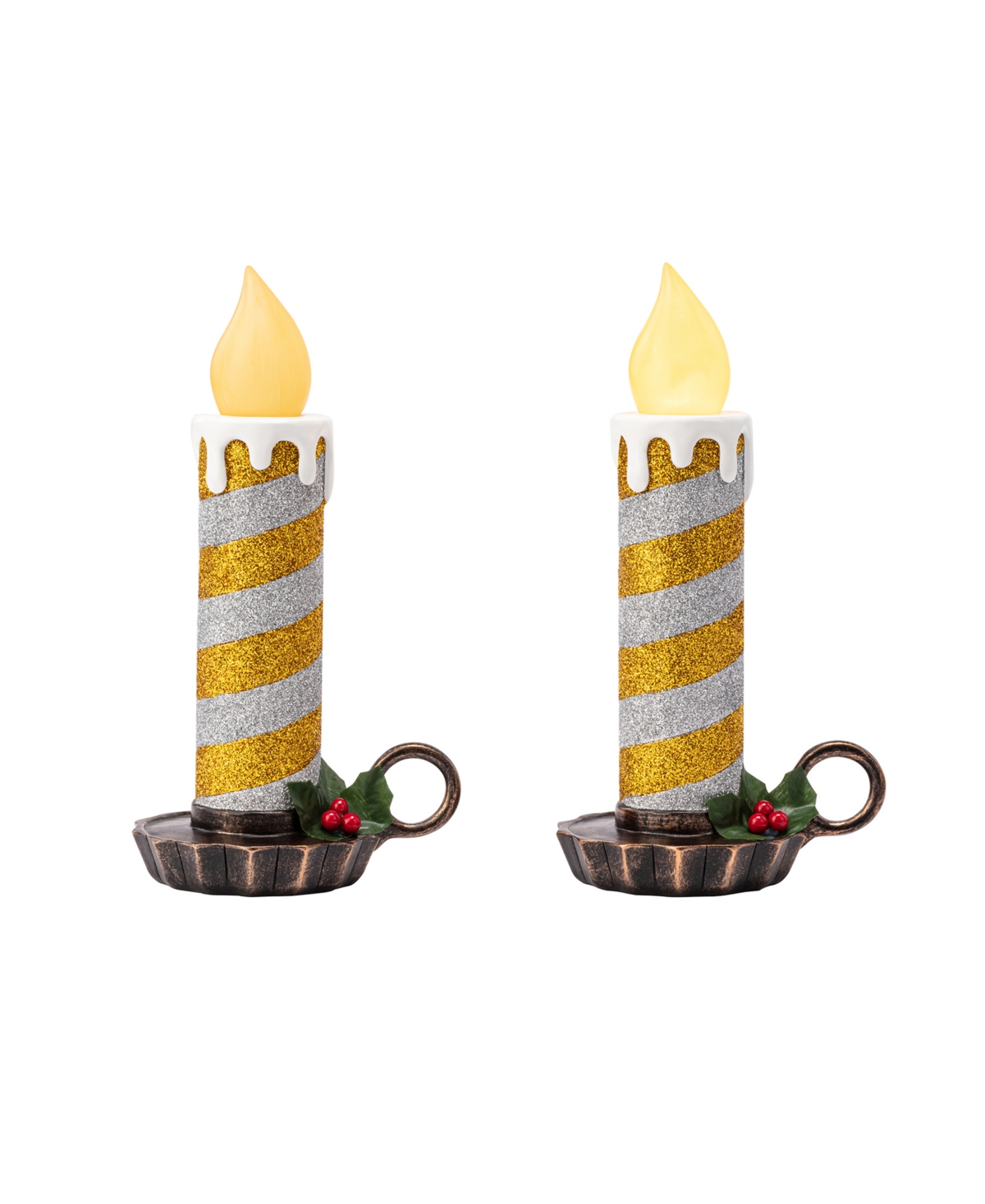Mr. Christmas 10" Flickering Led Resin Glittery Striped Candles, Set Of 2 In Gold