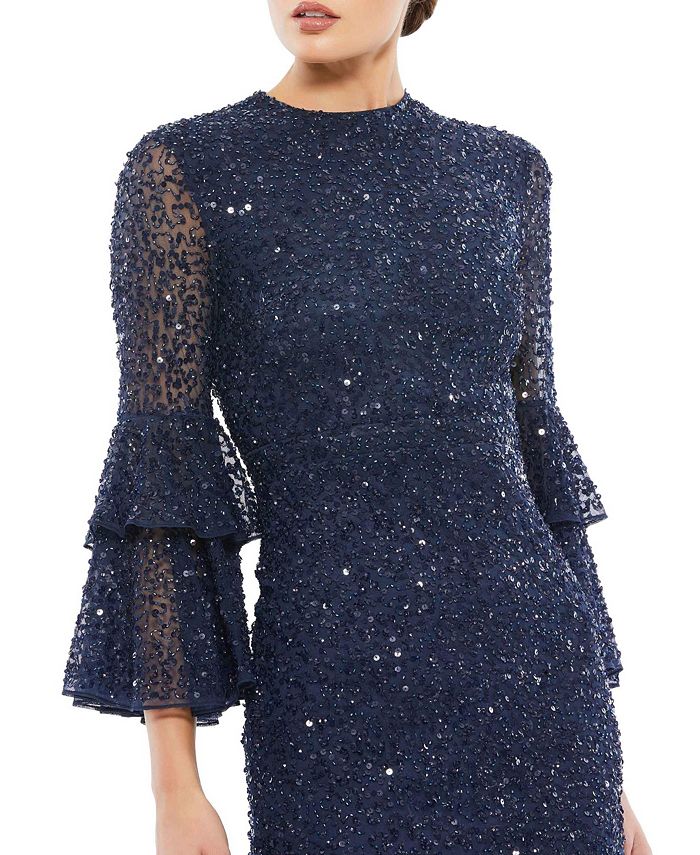 Mac Duggal Women's Fully Sequined Ruffle Tiered 3/4 Sleeve Midi Dress ...