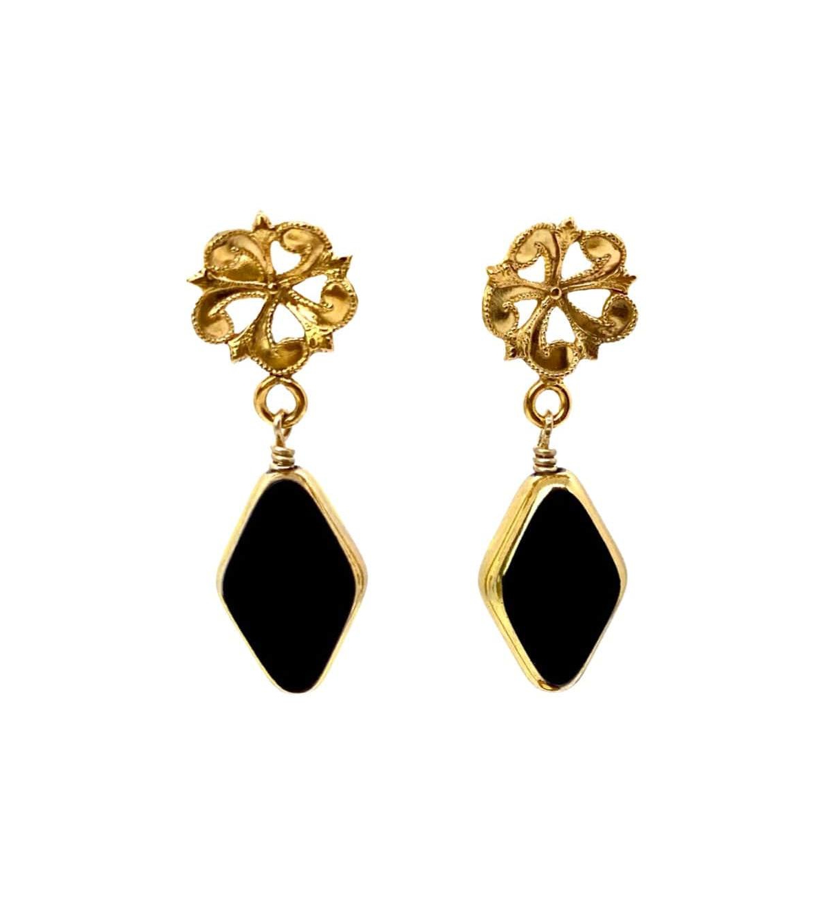 Fleur Art Deco Earrings in Black - Black  Gold