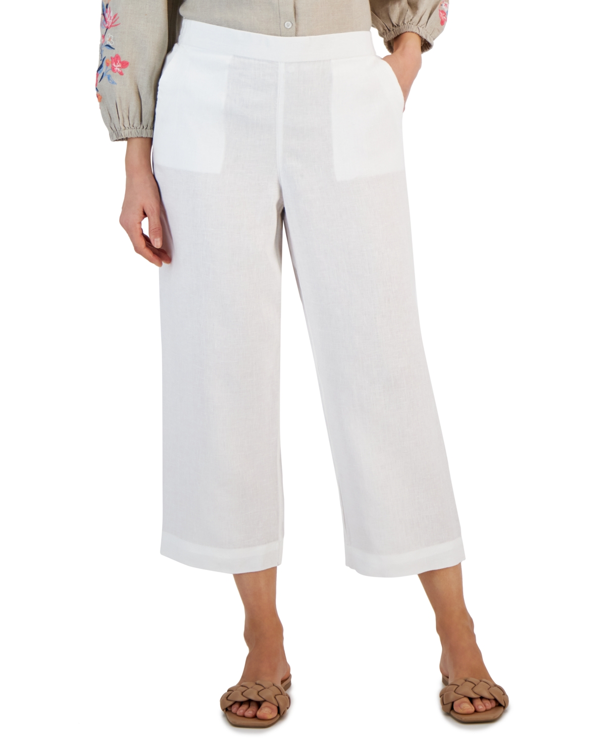 Women's 100% Linen Pull-On Cropped Pants, Created for Macy's - Bright White