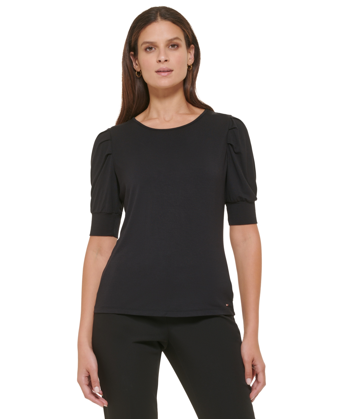 Tommy Hilfiger Women's Pleated-sleeve Crewneck Top In Black