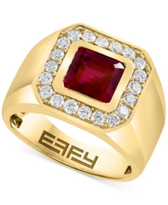EFFY Collection - Men's Lab Grown Ruby (8-1/8 ct. t.w.) & Lab Grown Diamond (5/8 ct. t.w.) Halo Ring in 14k Gold