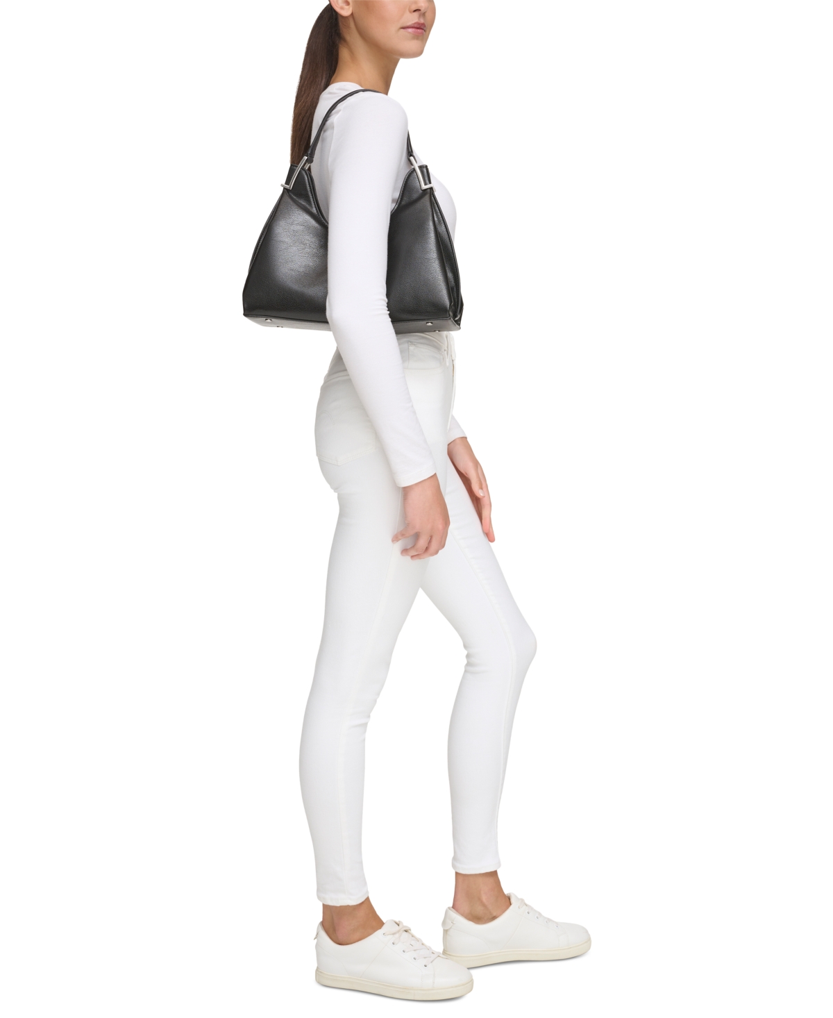 Shop Calvin Klein Falcon Shoulder Bag With Snap Closure In Black,silver