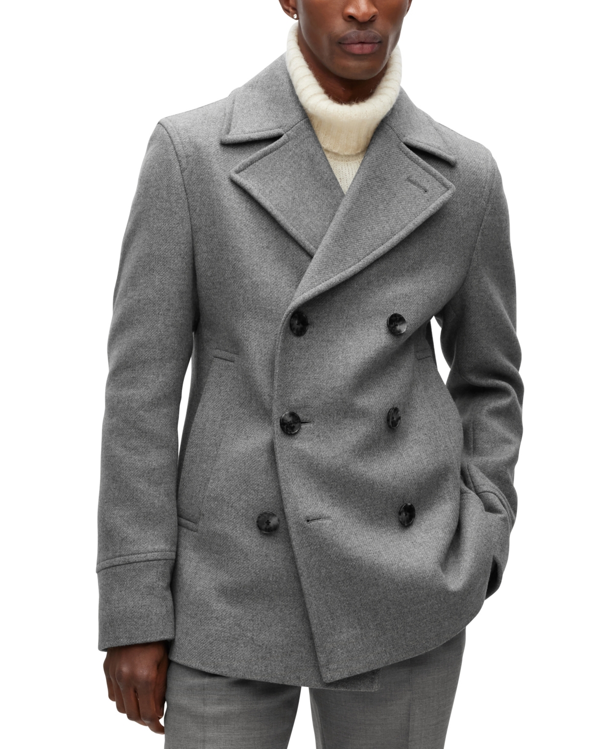 Boss by Hugo Boss Men's Double-Breasted Closure Slim-Fit Coat - Silver