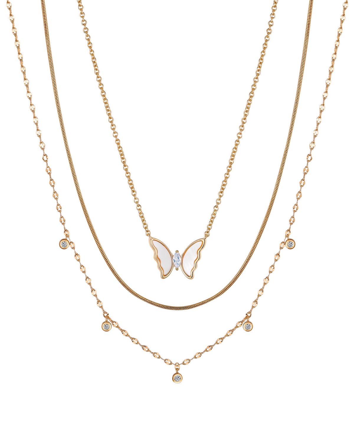 Cubic Zirconia and Mother of Pearl Inlay Butterfly 3-Piece Layered Necklace Set - Gold