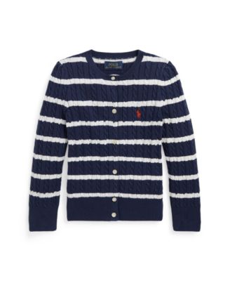 폴로 랄프로렌 Polo Ralph Lauren Toddler and Little Girls Striped Mini-Cable Cotton Cardigan Sweater,Newport Navy, Deckwash White