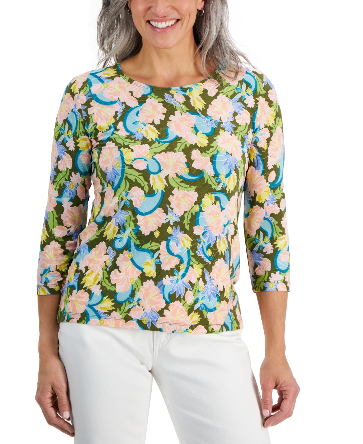 Jm Collection Petite Oaklyn Garden Jacquard Top, Created For Macy's In New Avocado Combo