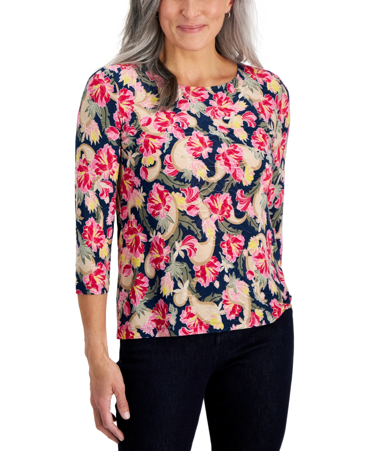 Jm Collection Petite Oaklyn Garden Jacquard Top, Created For Macy's In Intrepid Blue Combo