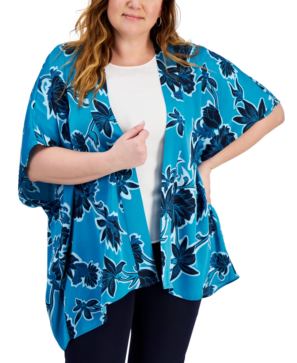 Plus Size Felicia Floral Kimono Jacket, Created for Macy's - Seafrost Combo