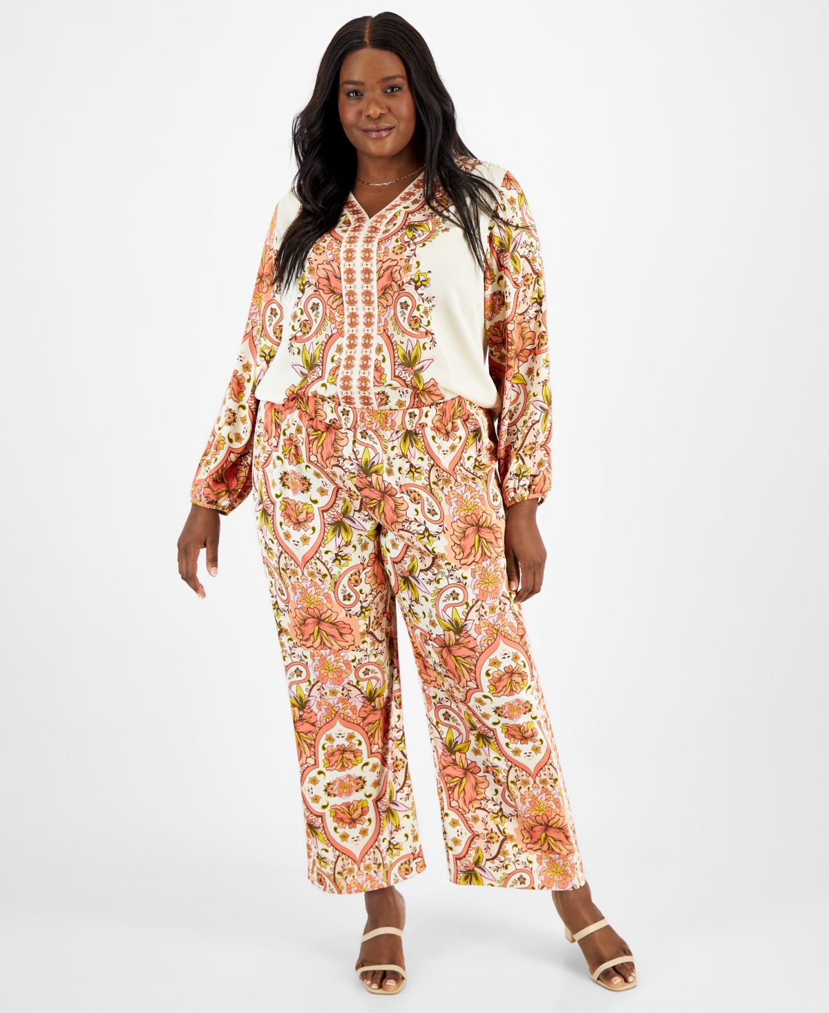 Plus Size Pull-On Satin Medallion Pants, Created for Macy's - Sandshell Combo