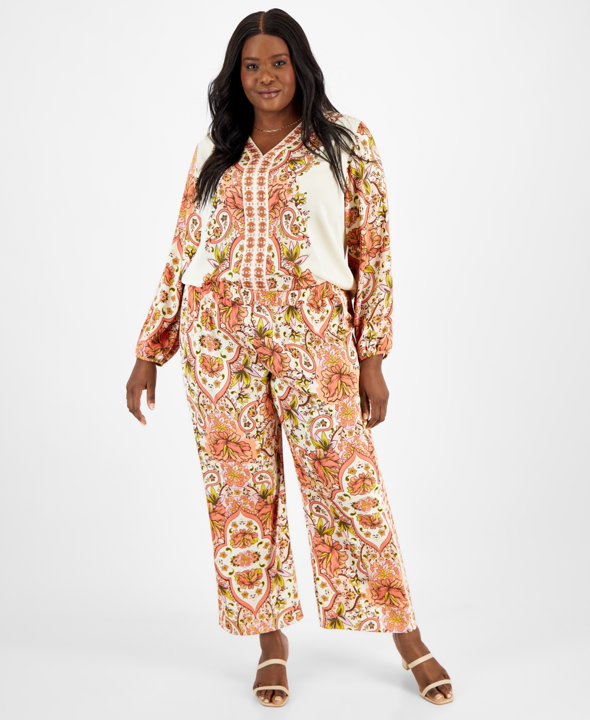 Jm Collection Womens Printed Polyester Wide Leg Pants In Sandshell Combo