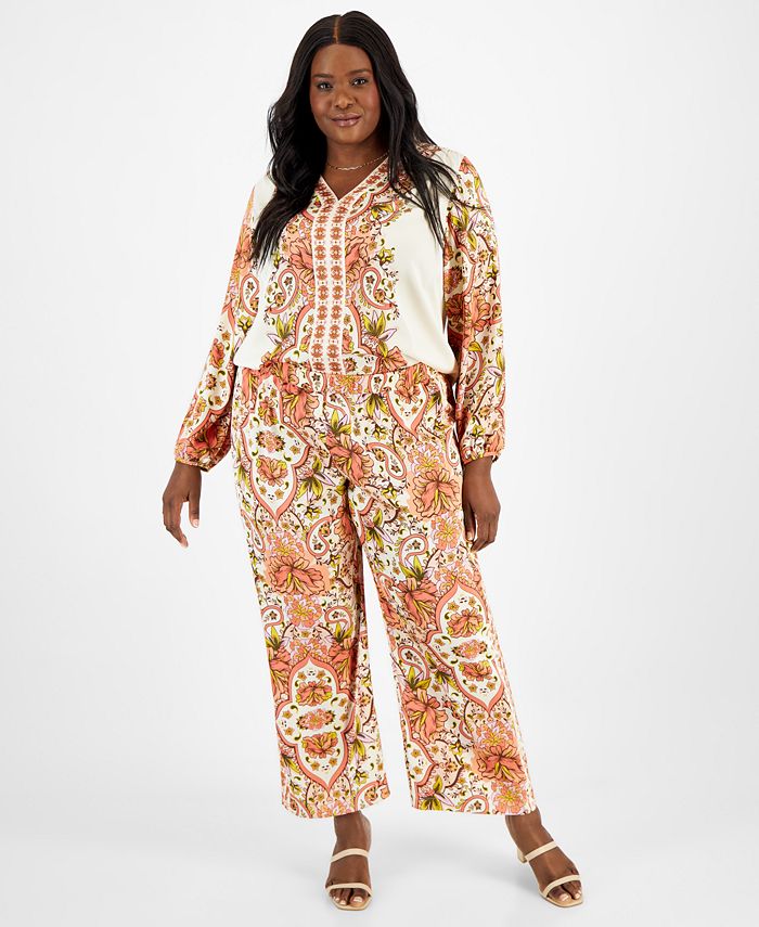 Plus Size Pull-On Satin Medallion Pants, Created for Macy's