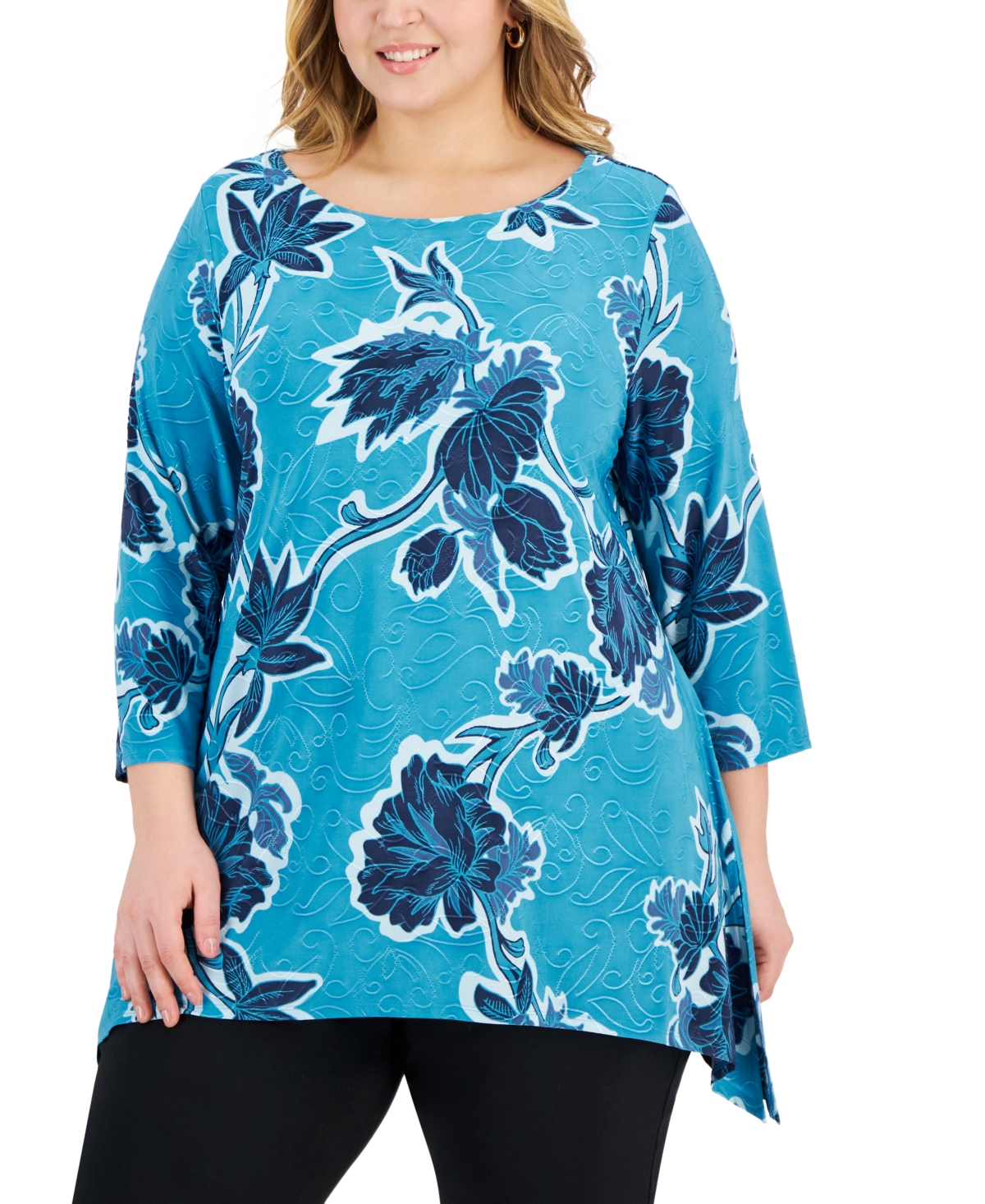 Jm Collection Plus Size Floral-print Jacquard Swing Top, Created For Macy's In Seafrost Combo