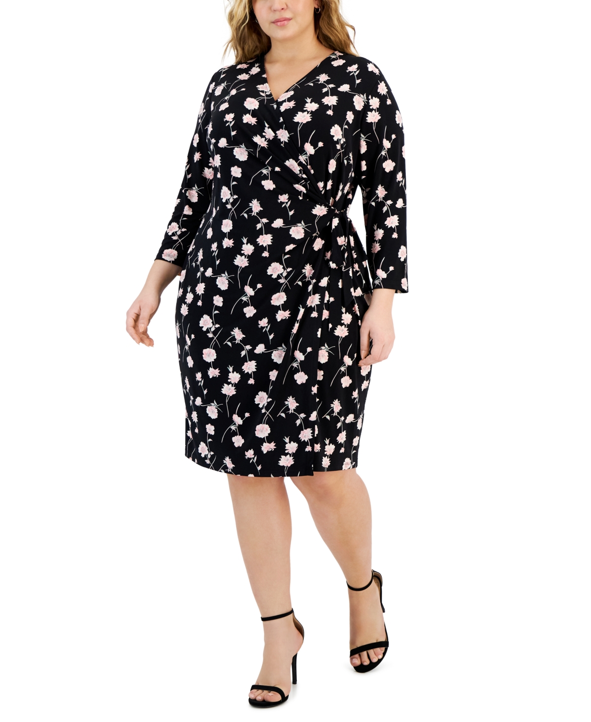 Shop Anne Klein Plus Size Floral-print Classic Wrap Dress In Black,cherry Blossom Multi