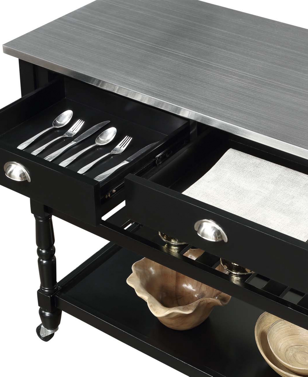 Convenience Concepts American Heritage 45" Medium Density Fiberboard (mdf) 3 Tier Stainless Steel Kitchen Cart In White,stainless Steel