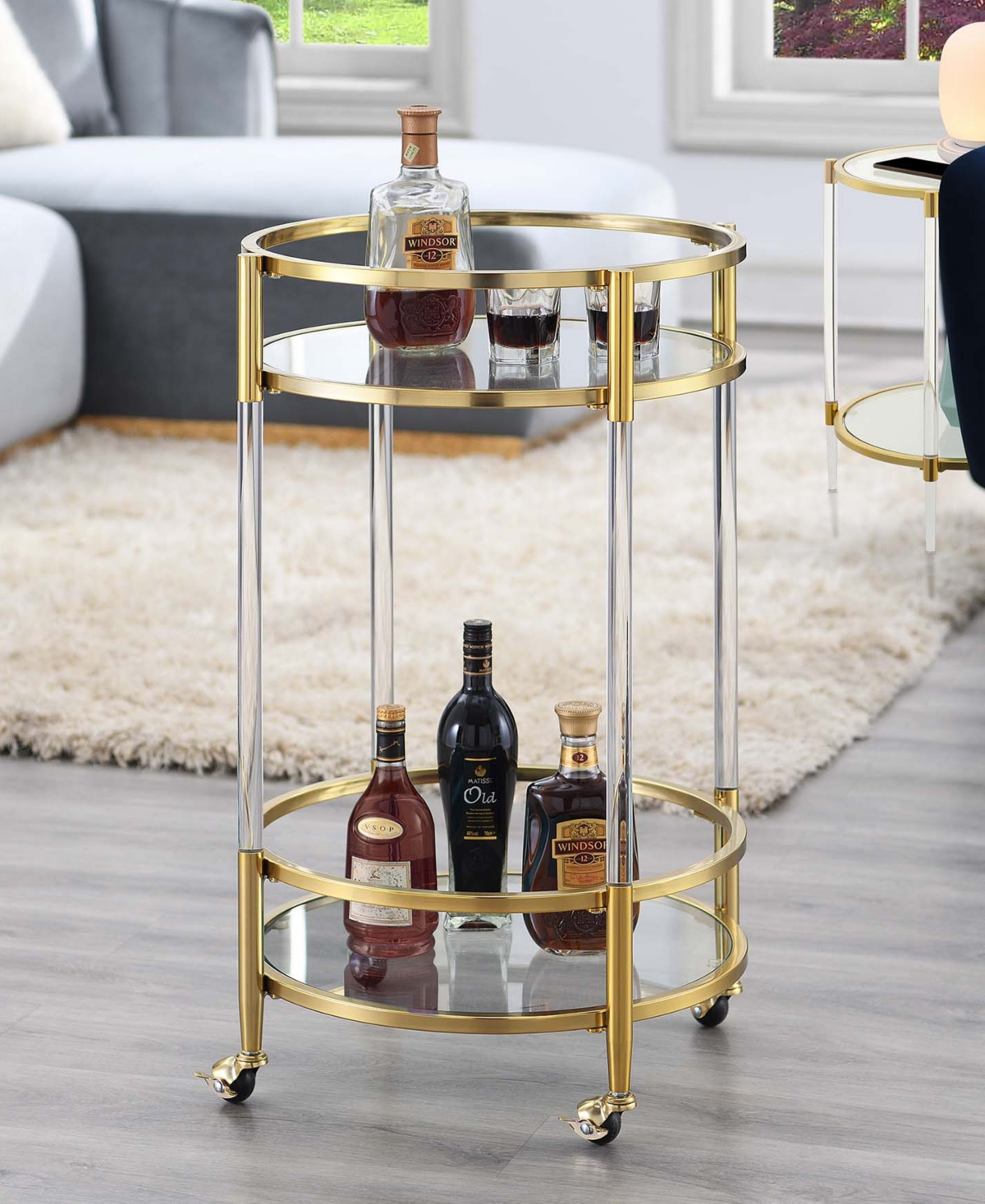 Convenience Concepts 22.25" Glass Royal Crest Acrylic Round Bar Cart In Glass,gold