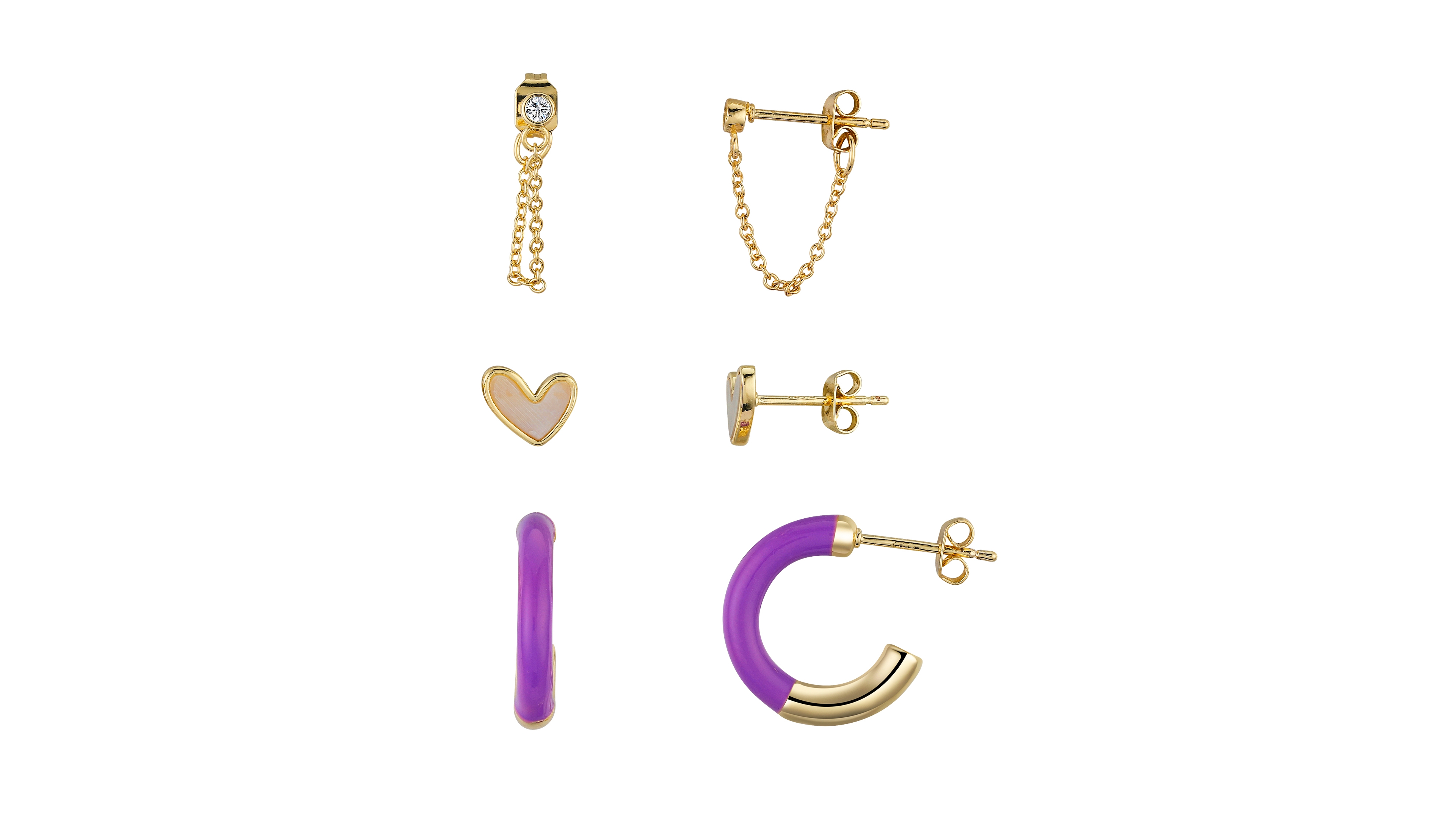 Unwritten Mother of Pearl Inaly Heart Stud and Purple Enamel Hoop 6-Piece Earring Set