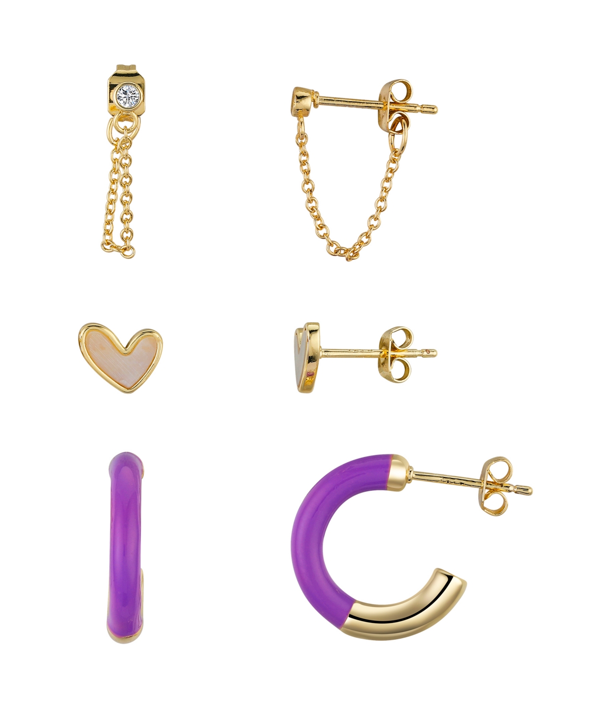 Unwritten Mother Of Pearl Inaly Heart Stud And Purple Enamel Hoop 6-piece Earring Set In Gold