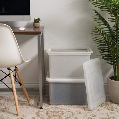 Letter & Legal Size Plastic Storage Bin Tote Organizing File Box with Durable and Secure Latching Lid, Stackable and Nestable, 4 Pack, Pearl