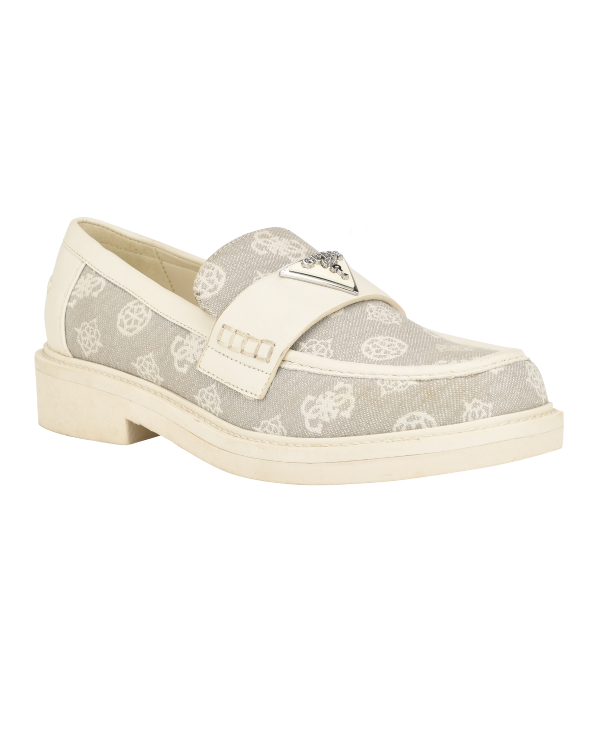 Shop Guess Women's Shatha Logo Hardware Slip-on Almond Toe Loafers In Taupe Logo Multi- Textile,manmade