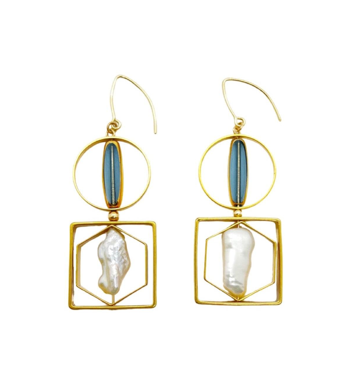 Grey Glass and Pearl Geometric Earrings - Grey, white and gold