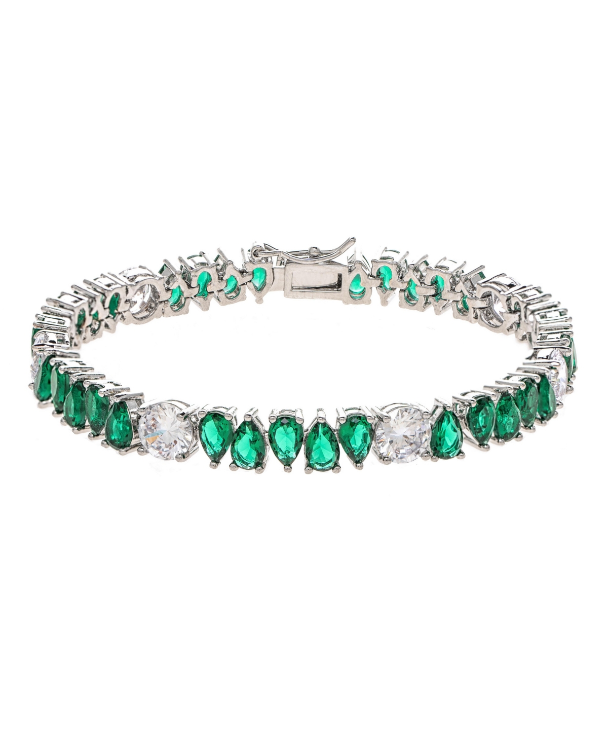 White Rhodium Clad Oval Emerald Crystal + Cubic Zirconia Line Bracelet - Silver + Green Crystal + CZ
